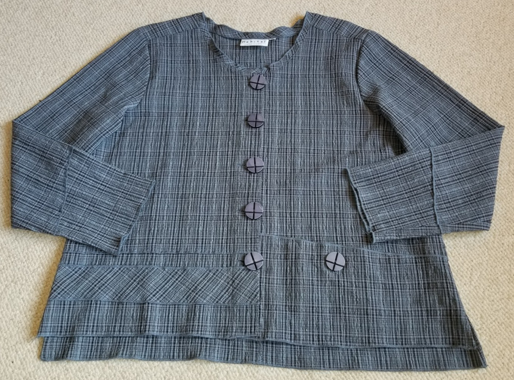 Womens Top-HABITAT-blue plaid rayon stretch button-up lagenlook BOHO artsy-M